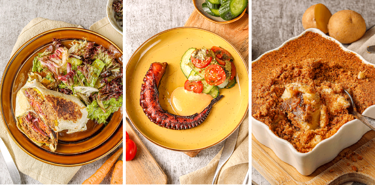 手撕猪肉卷饼、低温煎烤八爪鱼、法式土豆泥焗牛肉