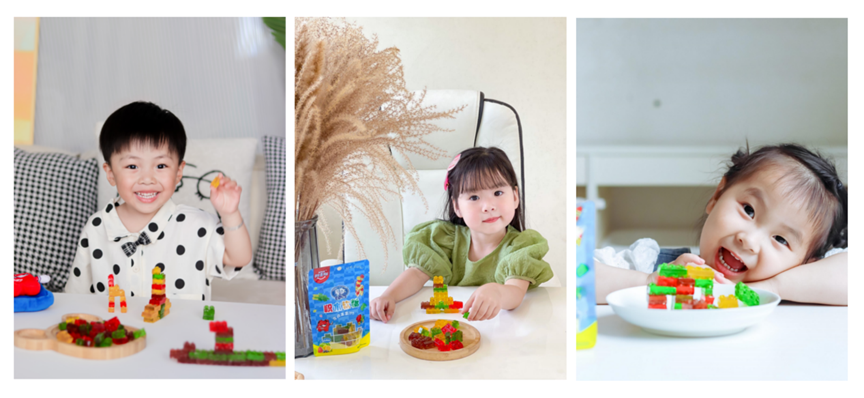 孩子们使用amos使用阿麦斯积木软糖拼出各种造型   在微博及小红书引起大量关注